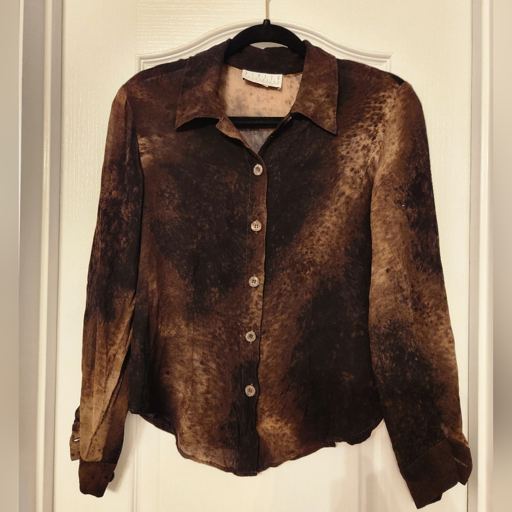 EUC Rialto Collection Elegant Brown Button-Up Women's Top Semi-sheer MEDIUM